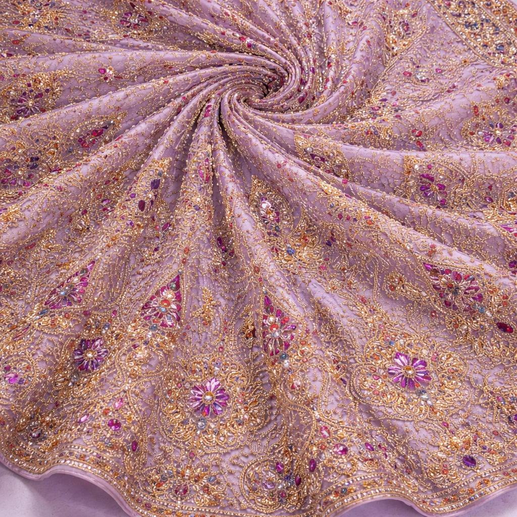 Embroidered Beaded Net Lace Fabric with Floral Pattern